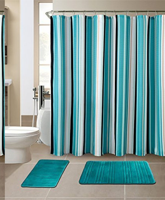 15-Piece Bathroom Set with Memory Foam Bath Mats and Shower Curtain