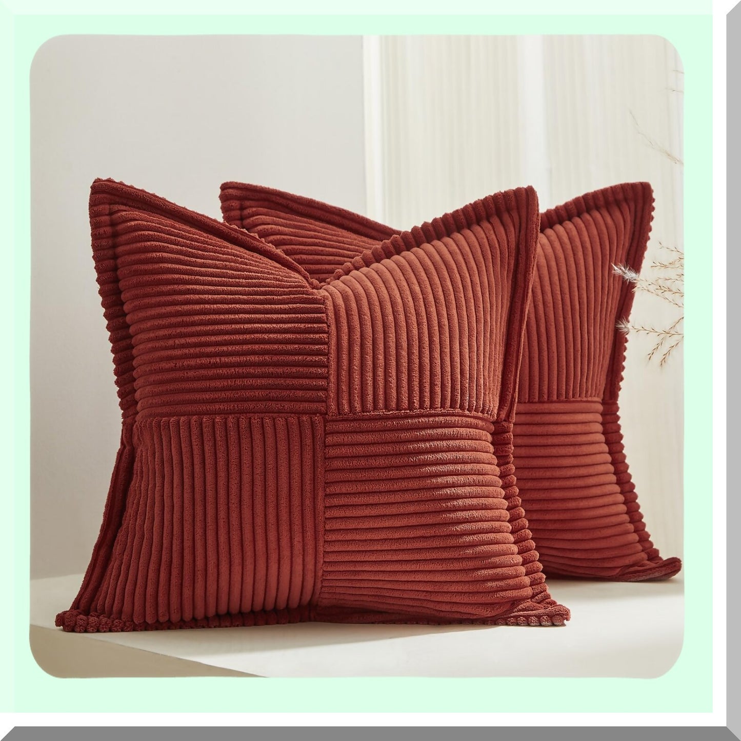 Terracotta Stripe Cozy Corduroy Pillow Covers - Rustic Decor for Couch Sofa Bedroom Living Room - 24x24 Square Cushion Case - 2 Packs Euro Sham Home Decor