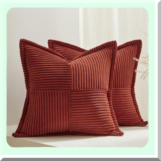 Terracotta Stripe Cozy Corduroy Pillow Covers - Rustic Decor for Couch Sofa Bedroom Living Room - 24x24 Square Cushion Case - 2 Packs Euro Sham Home Decor