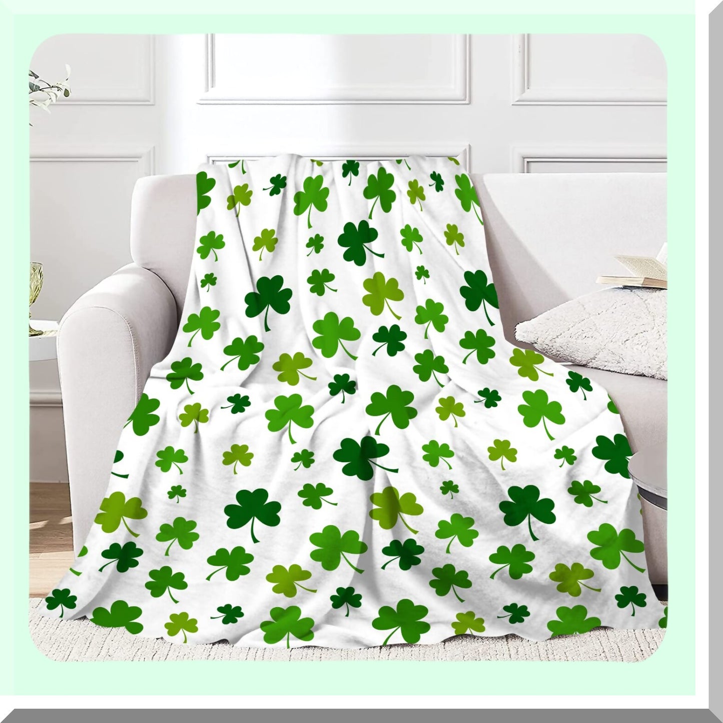 Lucky Clover Cozy Flannel Throw Blanket - Soft Plush Green Shamrock for Bed, Couch, Living Room, Sofa, Chair