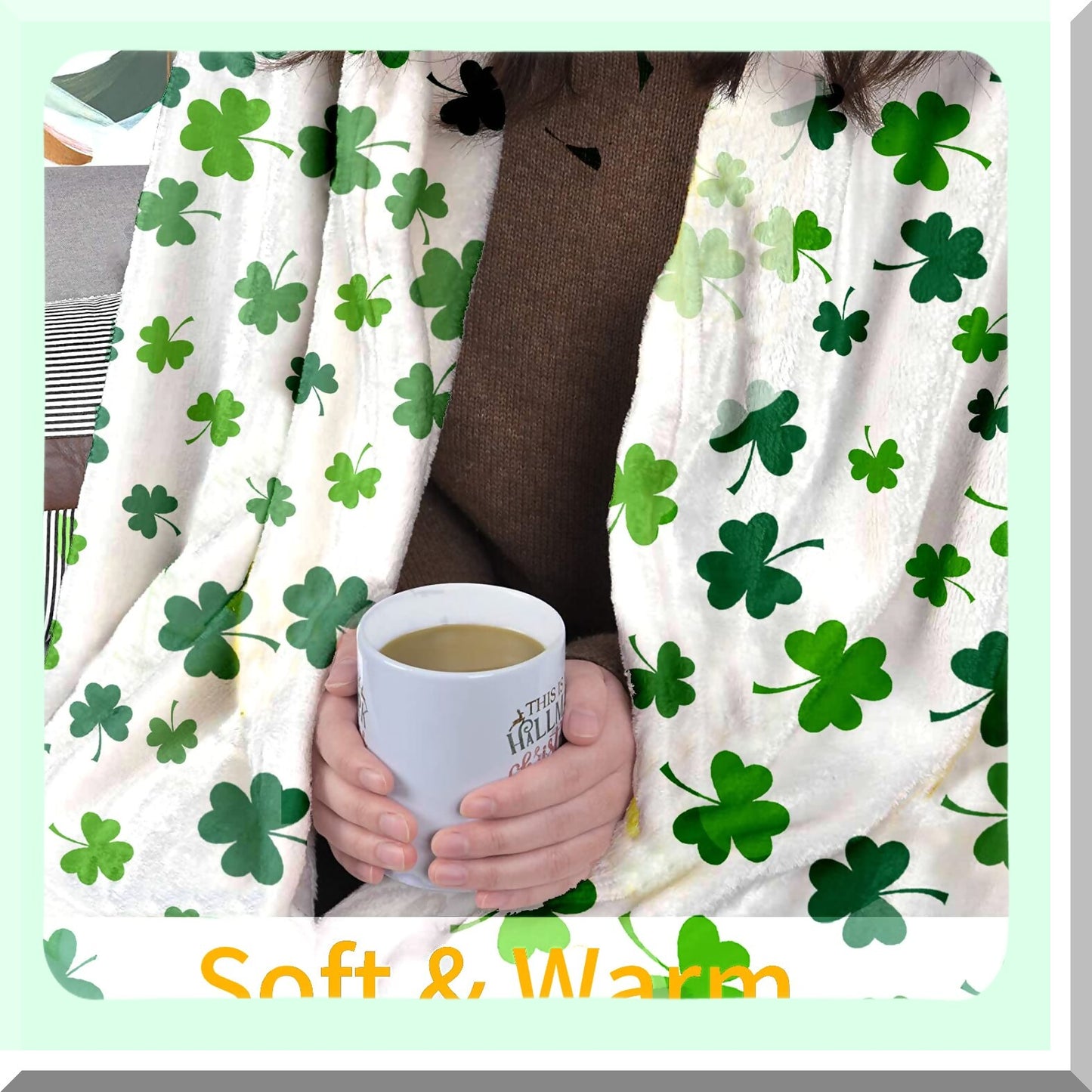 Lucky Clover Cozy Flannel Throw Blanket - Soft Plush Green Shamrock for Bed, Couch, Living Room, Sofa, Chair