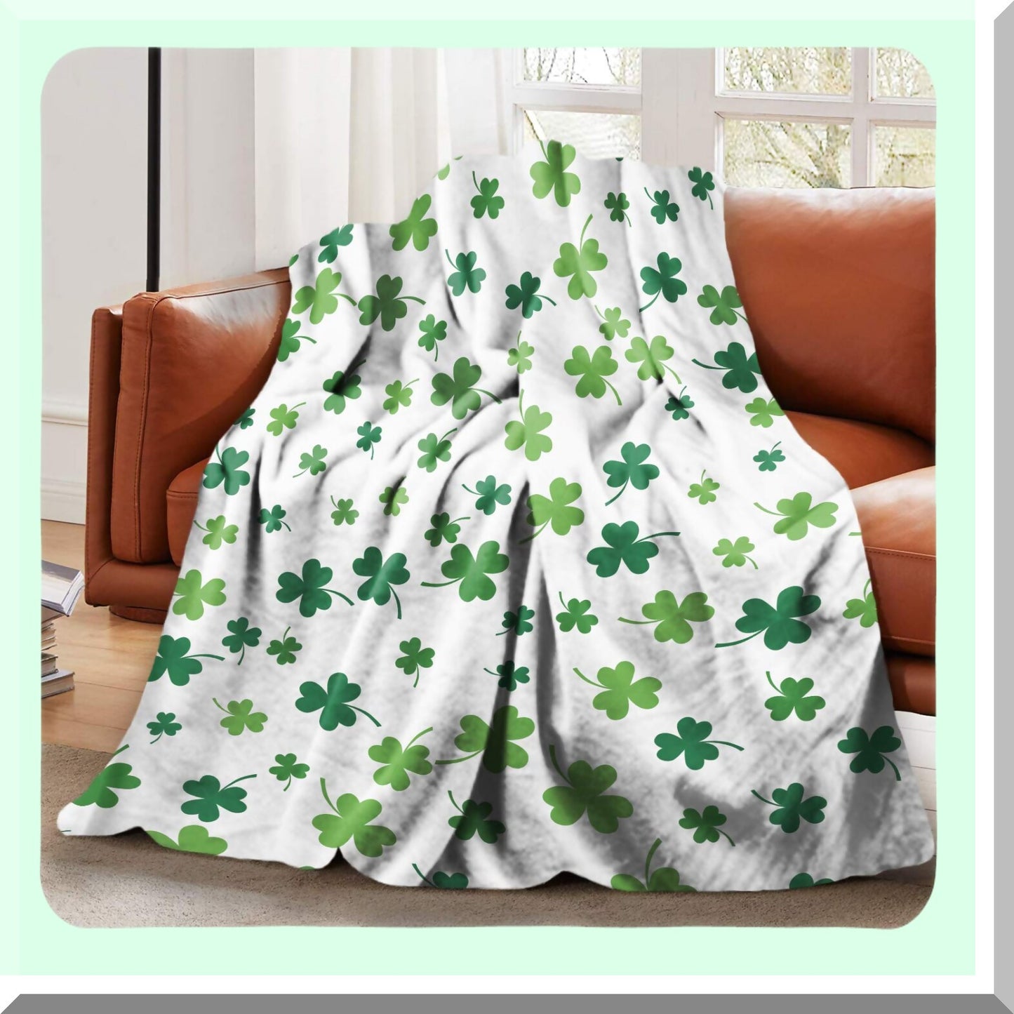 Lucky Clover Cozy Flannel Throw Blanket - Soft Plush Green Shamrock for Bed, Couch, Living Room, Sofa, Chair