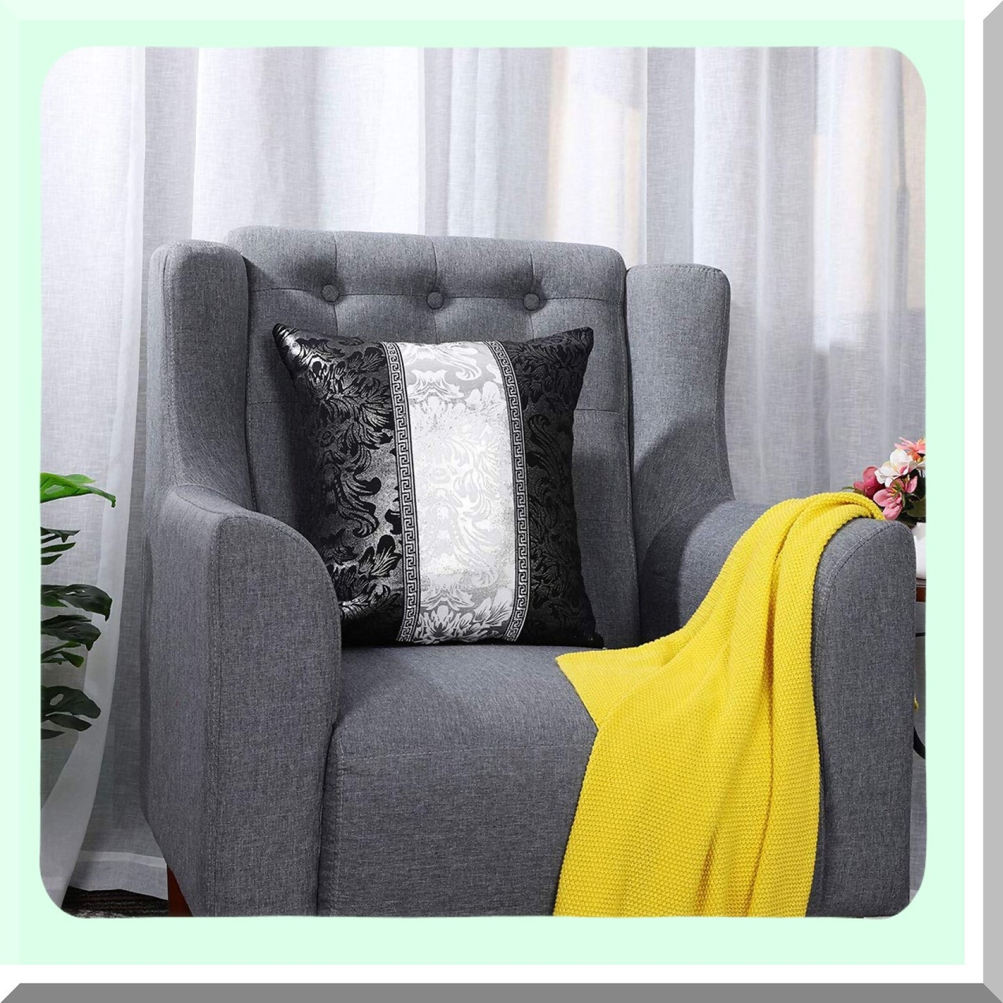 Vintage Floral Contrast Throw Pillow Cover - Home Decor Cushion Case for Couch Sofa - Black Silver Bolster Shell 18" x 18"