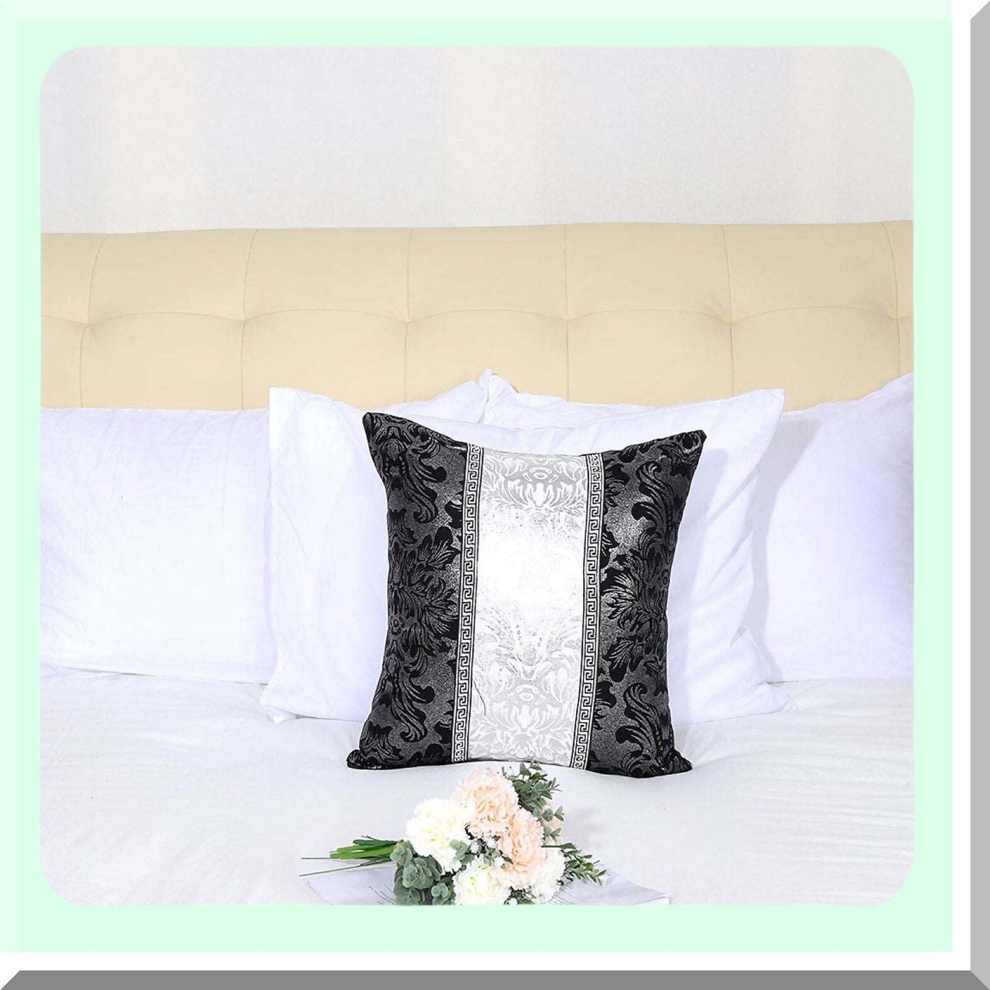 Vintage Floral Contrast Throw Pillow Cover - Home Decor Cushion Case for Couch Sofa - Black Silver Bolster Shell 18" x 18"