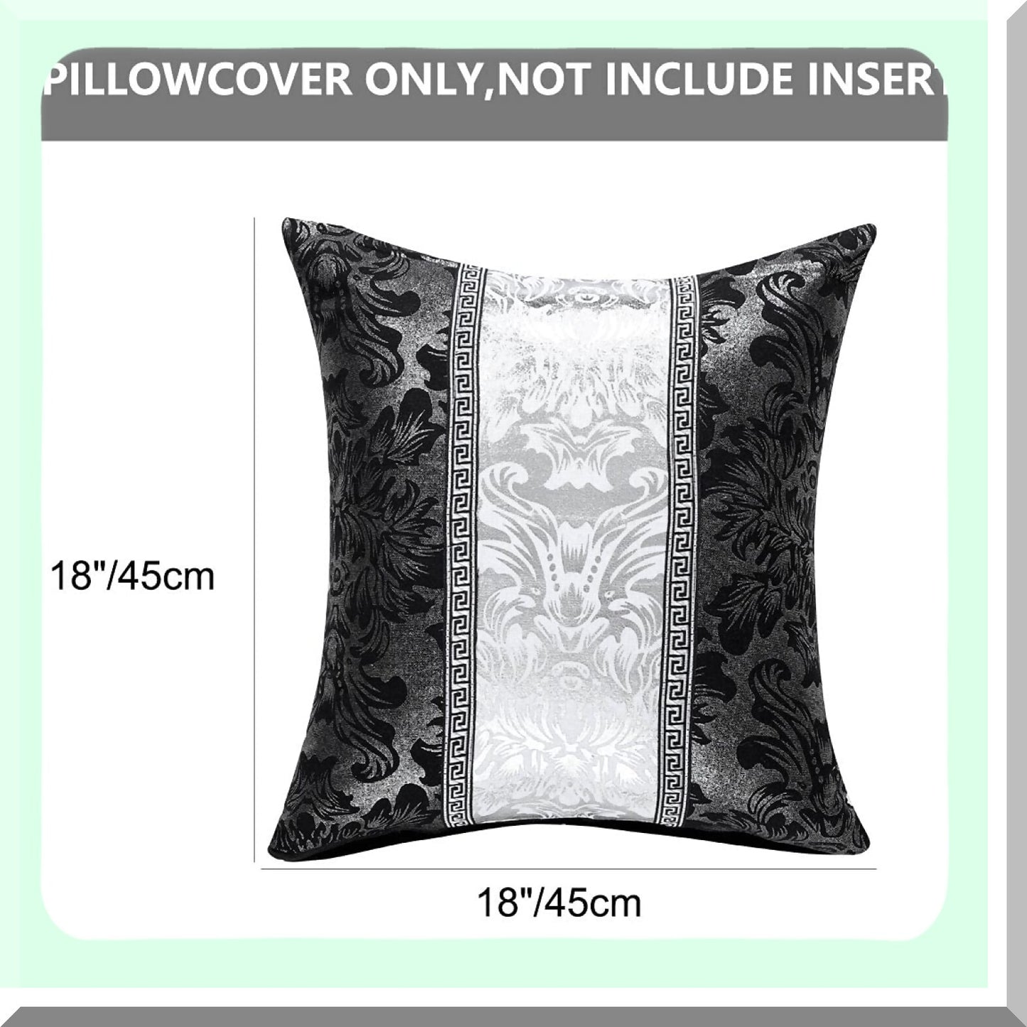 Vintage Floral Contrast Throw Pillow Cover - Home Decor Cushion Case for Couch Sofa - Black Silver Bolster Shell 18" x 18"