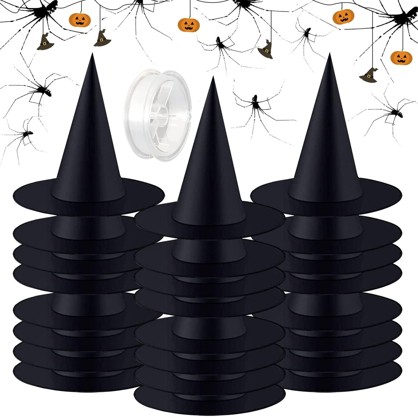 Black Hat Hang Kit - 24pc Hanging Hat Decor Set w/ 98ft Rope - Party Decoration Accessories - Festive Hat Garland for Events & Celebrations