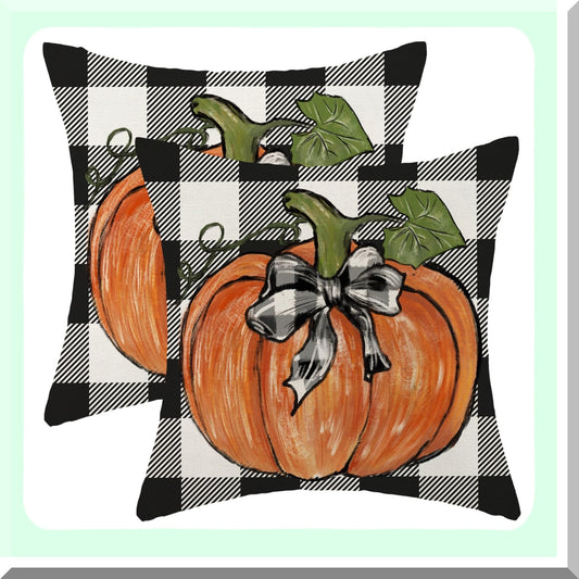 Autumn Harvest Buffalo Plaid Pillow Covers - Set of 2, Orange Pumpkin Pattern Decorative Throw Pillows for Fall Decor, Linen Cushion Covers for Sofa & Outdoor Couch