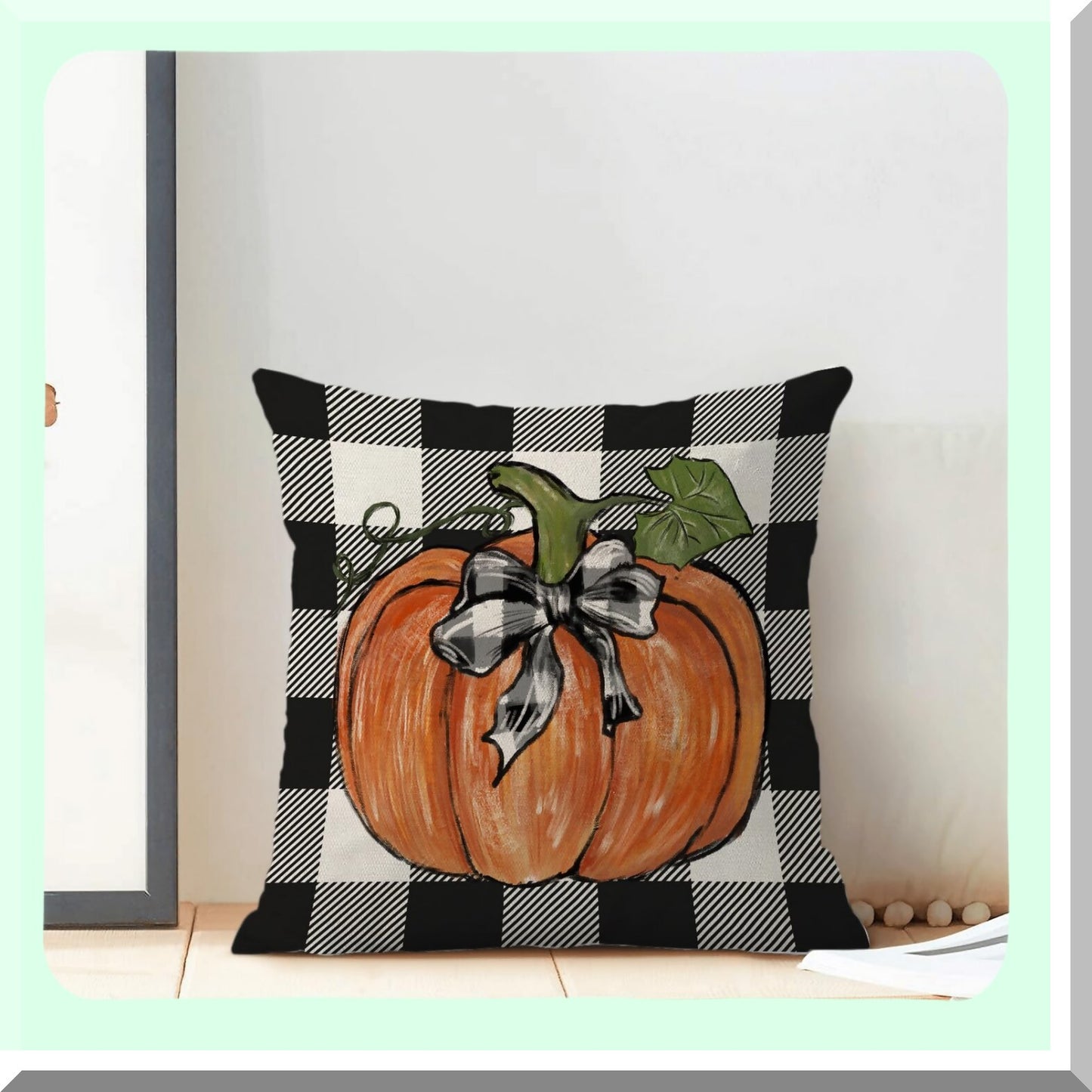 Autumn Harvest Buffalo Plaid Pillow Covers - Set of 2, Orange Pumpkin Pattern Decorative Throw Pillows for Fall Decor, Linen Cushion Covers for Sofa & Outdoor Couch