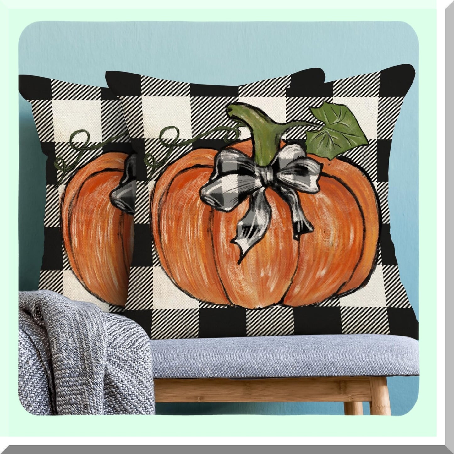 Autumn Harvest Buffalo Plaid Pillow Covers - Set of 2, Orange Pumpkin Pattern Decorative Throw Pillows for Fall Decor, Linen Cushion Covers for Sofa & Outdoor Couch