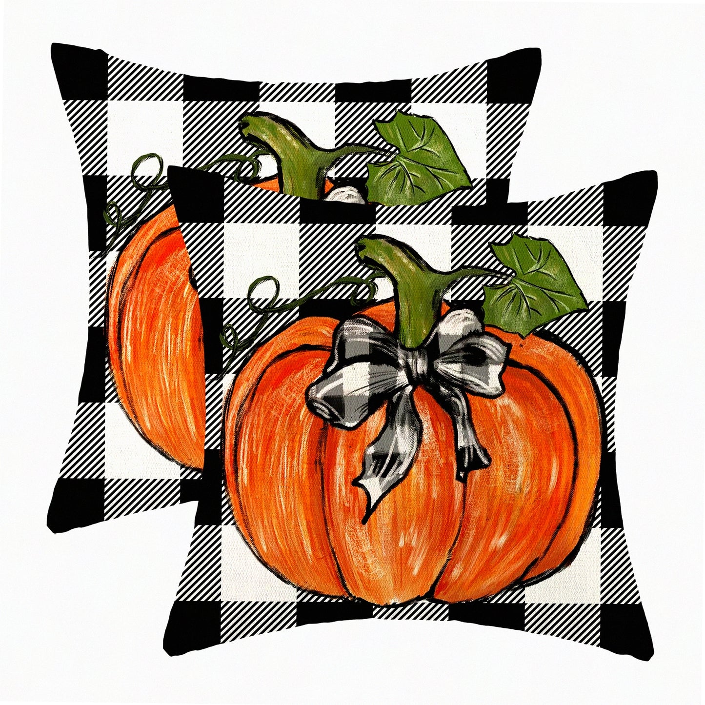 Autumn Harvest Buffalo Plaid Pillow Covers - Set of 2, Orange Pumpkin Pattern Decorative Throw Pillows for Fall Decor, Linen Cushion Covers for Sofa & Outdoor Couch