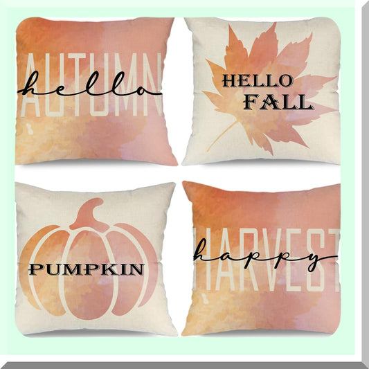 Autumn Harvest Pillow Covers - Set of 4, Hello Fall Maple Leaf & Pumpkin Design, 16x16 Inch, Thanksgiving Decor for Fall Holiday
