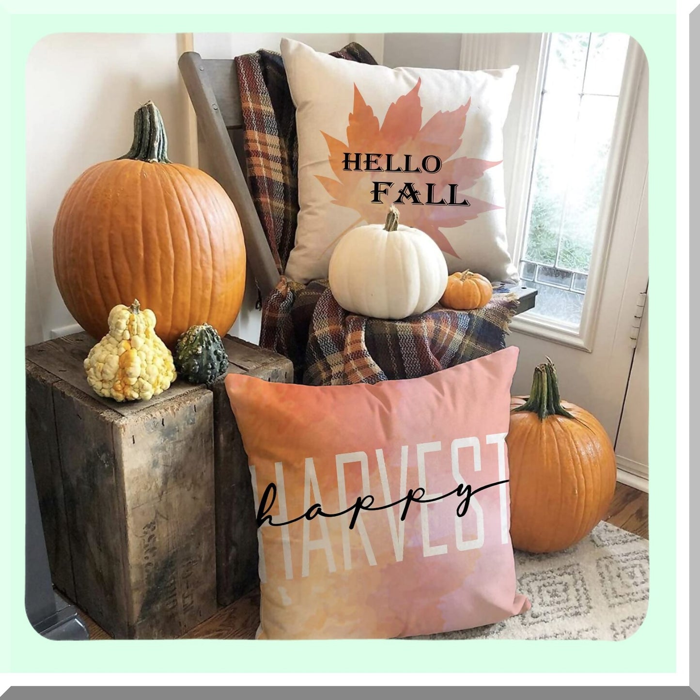 Autumn Harvest Pillow Covers - Set of 4, Hello Fall Maple Leaf & Pumpkin Design, 16x16 Inch, Thanksgiving Decor for Fall Holiday
