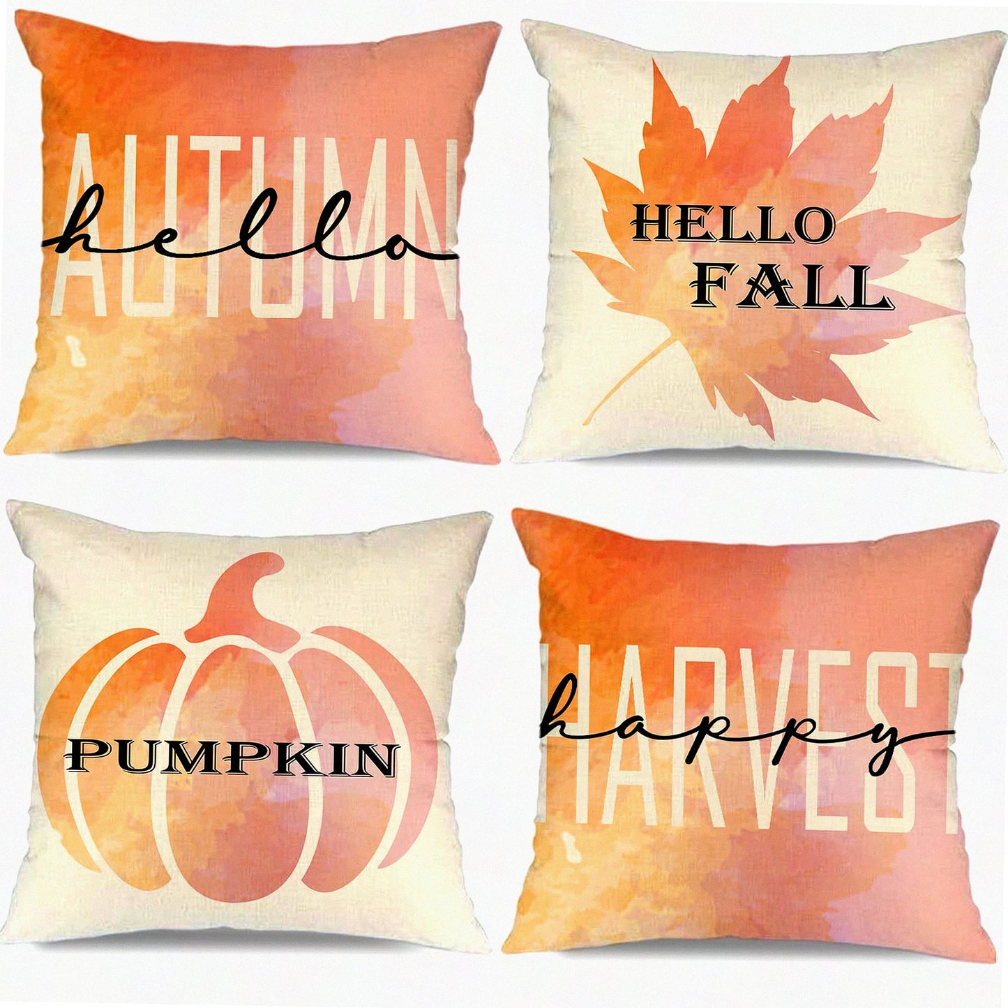 Autumn Harvest Pillow Covers - Set of 4, Hello Fall Maple Leaf & Pumpkin Design, 16x16 Inch, Thanksgiving Decor for Fall Holiday