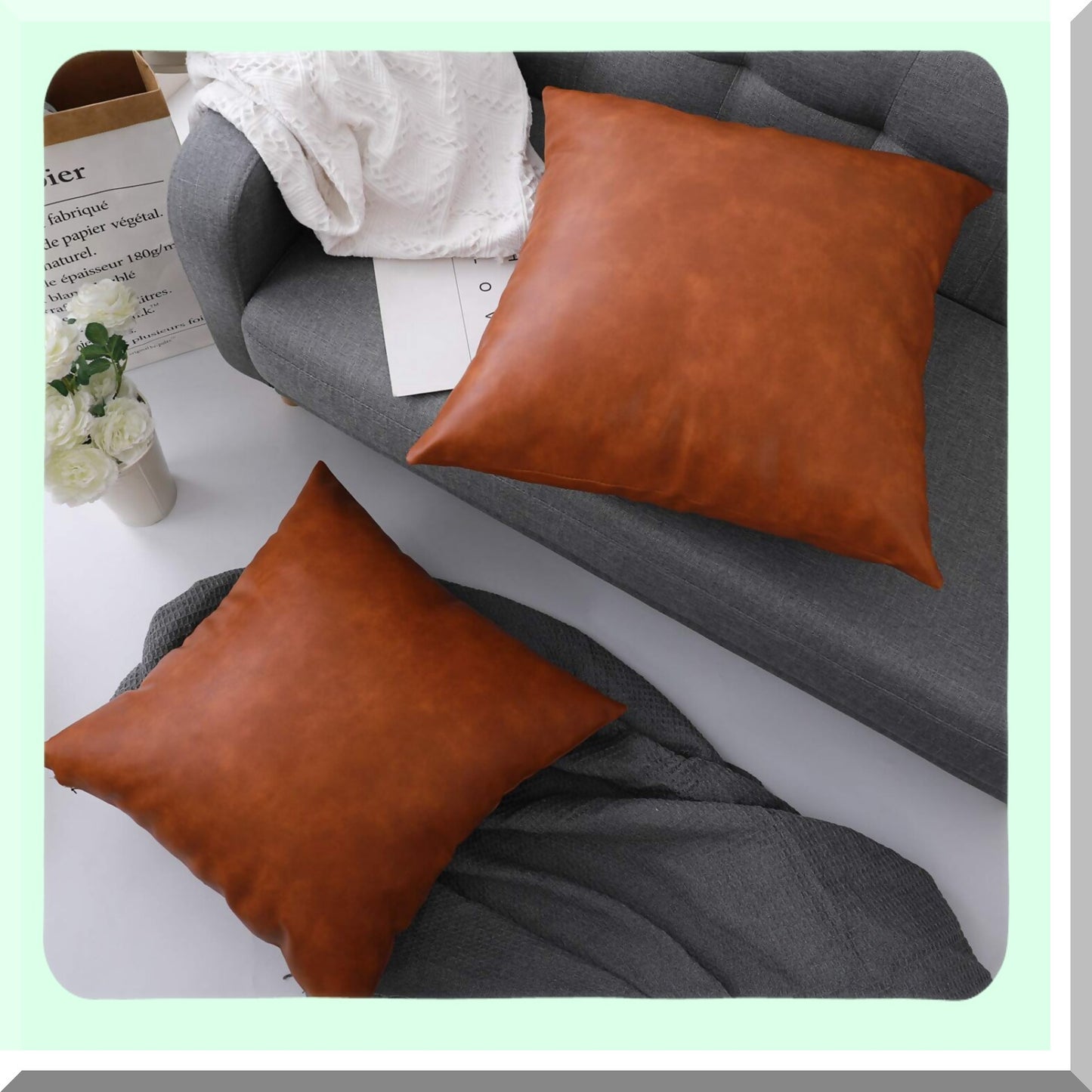 Rustic Chic Leather Pillowcase Set - 24x24 Inch Farmhouse Accent Cushion Covers for Living Room & Bedroom Sofa - 2 Pack Home Decor Accessory