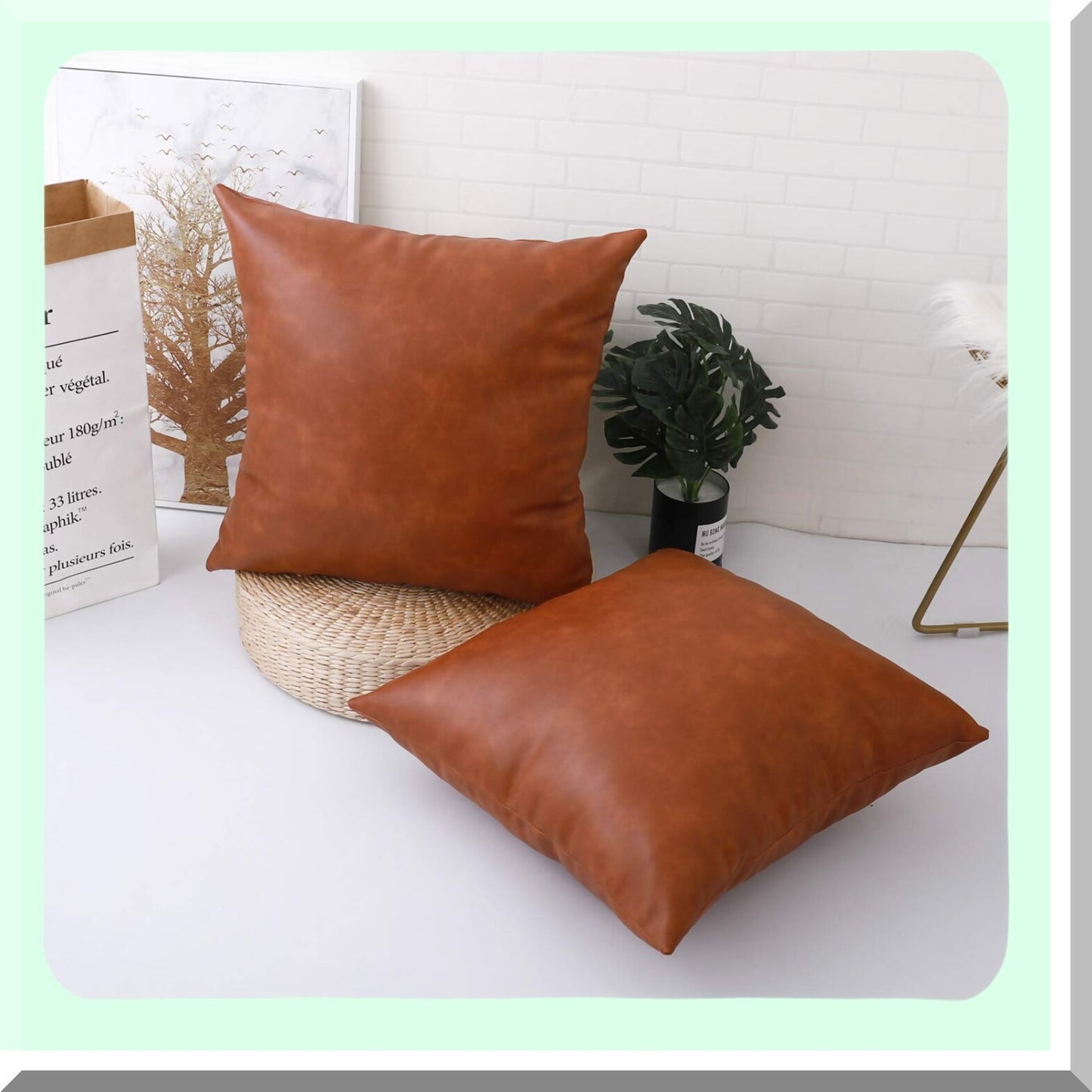 Rustic Chic Leather Pillowcase Set - 24x24 Inch Farmhouse Accent Cushion Covers for Living Room & Bedroom Sofa - 2 Pack Home Decor Accessory