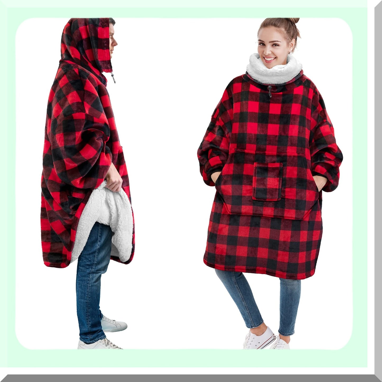 CozySherpa Oversized Blanket Hoodie - Ultra Plush Fleece Sweatshirt for Women & Men, Thick Warm Sweater with Neck Warmer, Perfect Gift for Mom & Wife, Checker Red
