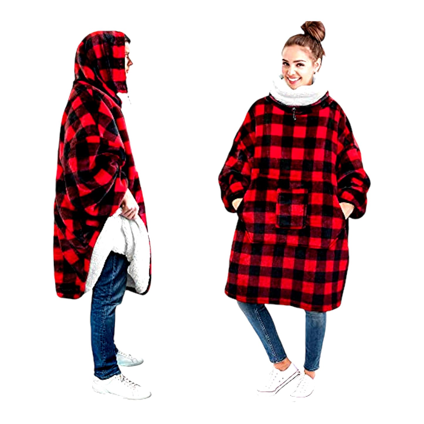 CozySherpa Oversized Blanket Hoodie - Ultra Plush Fleece Sweatshirt for Women & Men, Thick Warm Sweater with Neck Warmer, Perfect Gift for Mom & Wife, Checker Red
