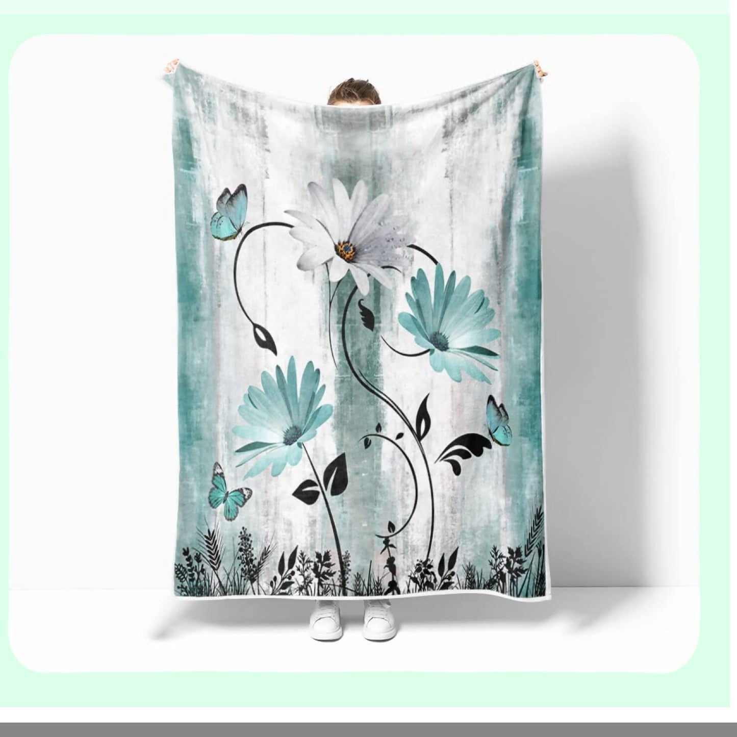 Country Charm Teal Daisy Throw Blanket - Cozy Turquoise Blue & White Fleece for Bed & Couch