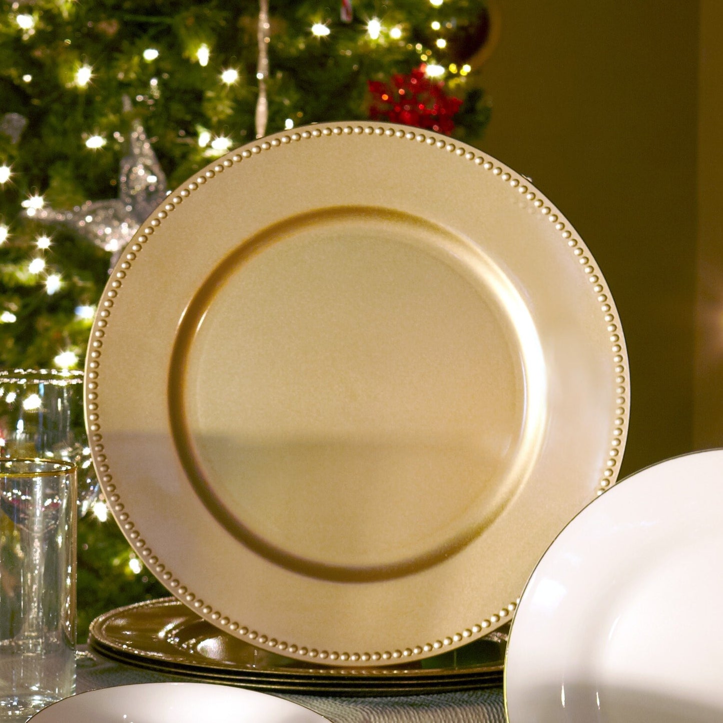 Gold Plastic Charger Plates with Beaded Rims, 13 in. (Pack of 12)