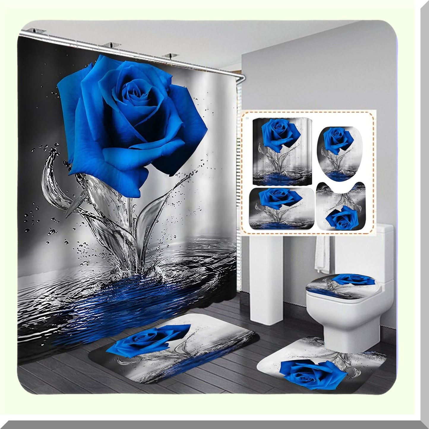 Royal Blue Rose Shower Curtain Set with Rugs and Hooks