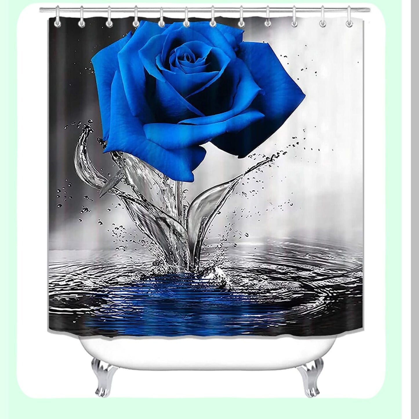 Royal Blue Rose Shower Curtain Set with Rugs and Hooks