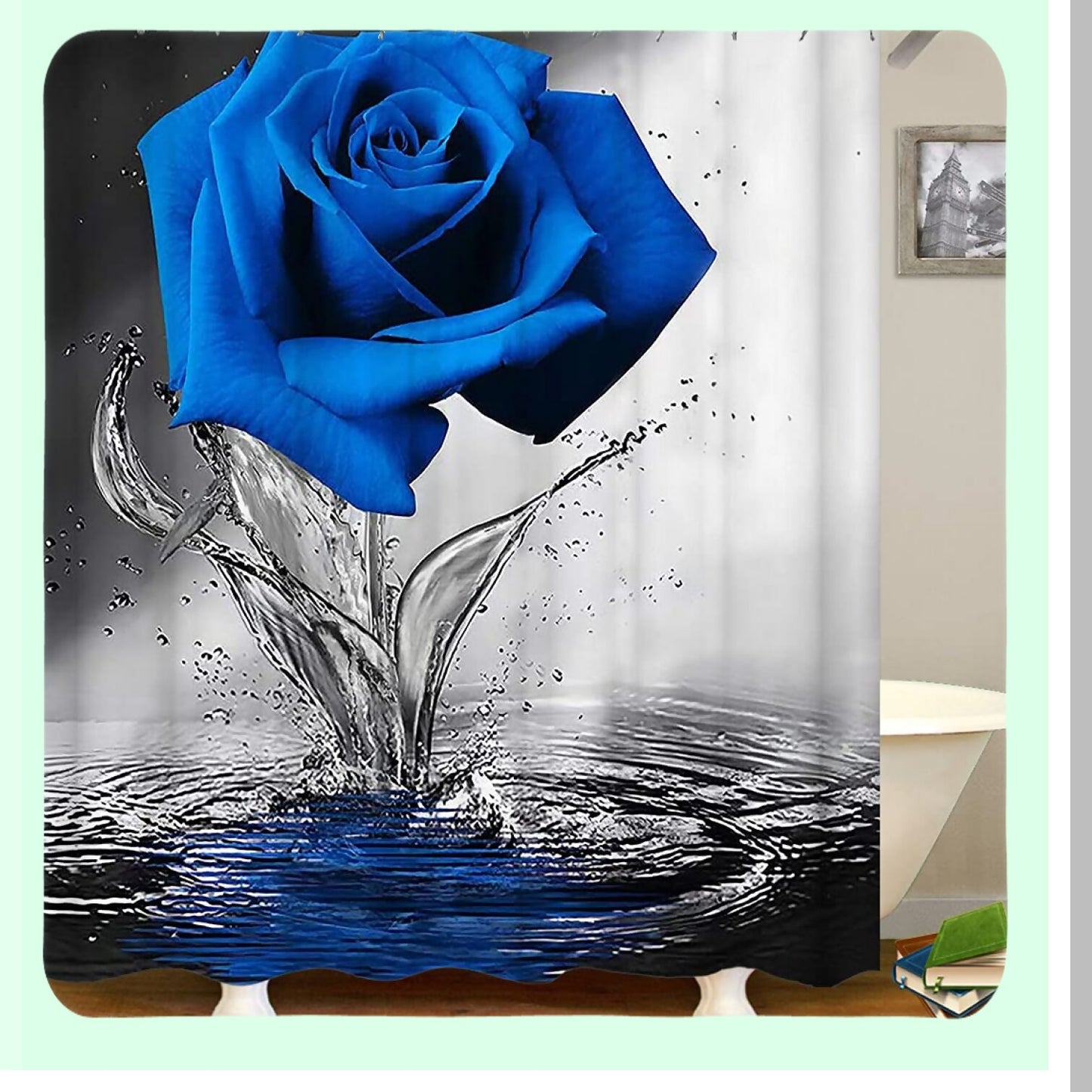 Royal Blue Rose Shower Curtain Set with Rugs and Hooks