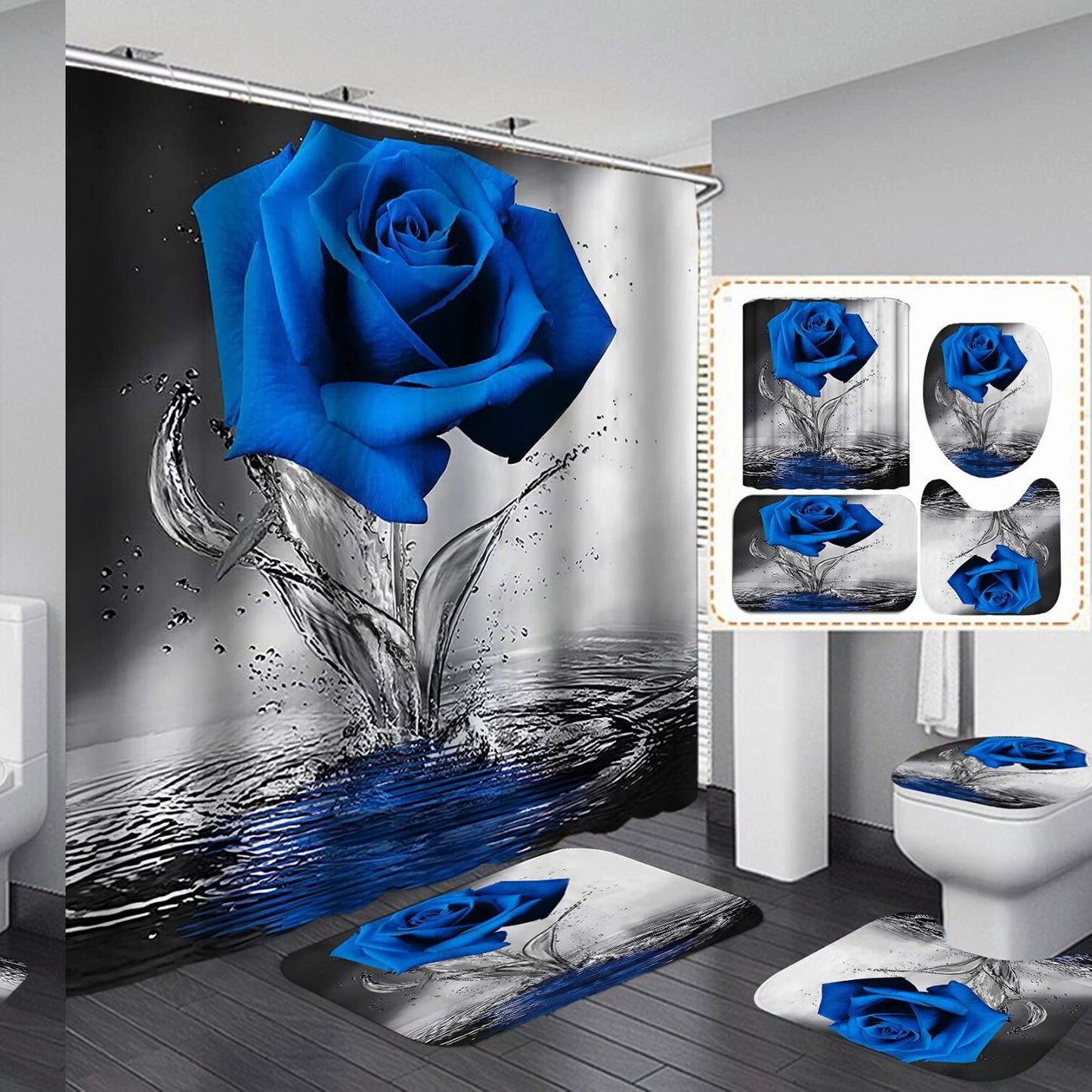 Royal Blue Rose Shower Curtain Set with Rugs and Hooks