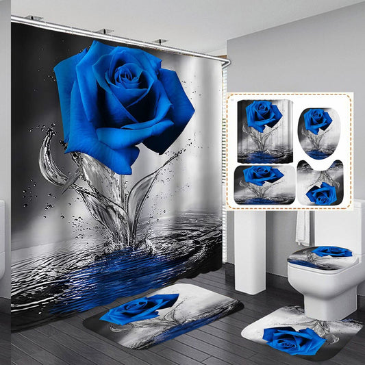 Royal Blue Rose Shower Curtain Set with Rugs and Hooks