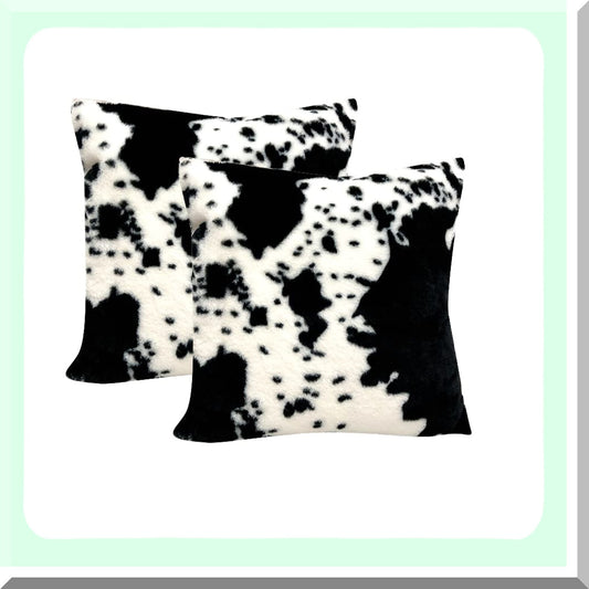 Cozy Flurry Farmhouse Cowhide Throw Pillow Covers - Set of 2, Animal Print, Black White Pattern, Soft Fleece, Couch Bed Sofa Accent, 22x22Inch