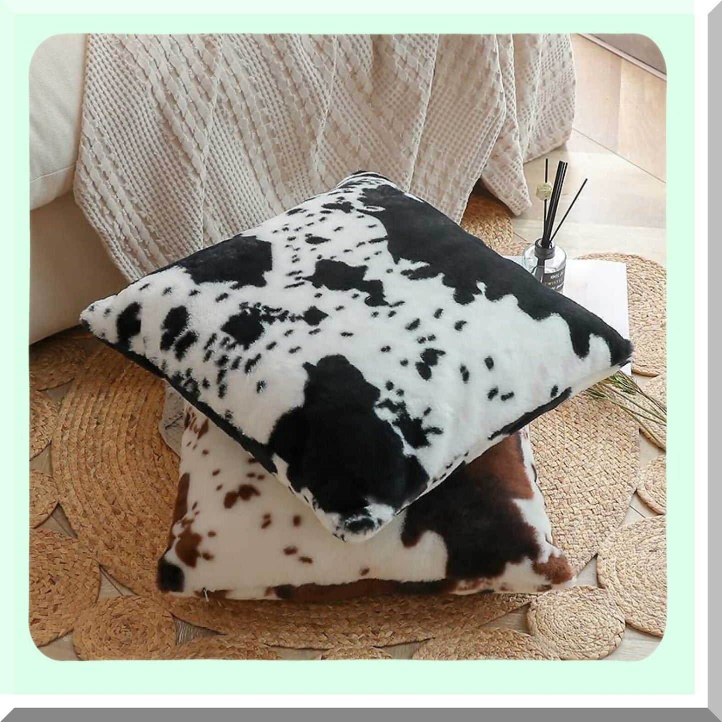 Cozy Flurry Farmhouse Cowhide Throw Pillow Covers - Set of 2, Animal Print, Black White Pattern, Soft Fleece, Couch Bed Sofa Accent, 22x22Inch