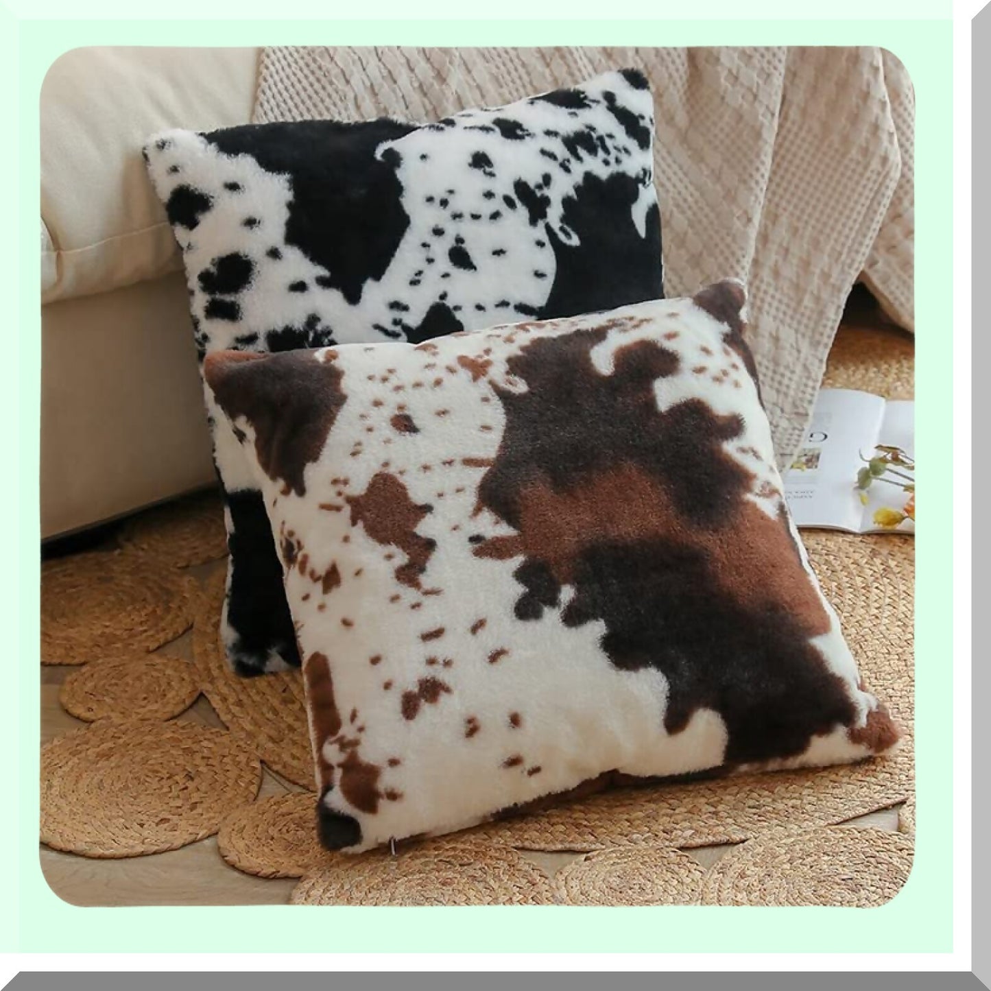 Cozy Flurry Farmhouse Cowhide Throw Pillow Covers - Set of 2, Animal Print, Black White Pattern, Soft Fleece, Couch Bed Sofa Accent, 22x22Inch