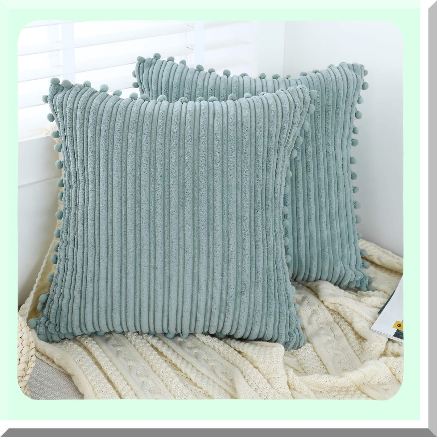 Pom-Pom Corduroy Farmhouse Pillow Covers - Set of 2 Grey Blue 18x18 inch - Boho Accent Decorative Throw Covers for Couch Bed Sofa
