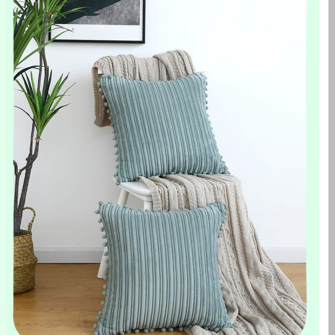 Pom-Pom Corduroy Farmhouse Pillow Covers - Set of 2 Grey Blue 18x18 inch - Boho Accent Decorative Throw Covers for Couch Bed Sofa