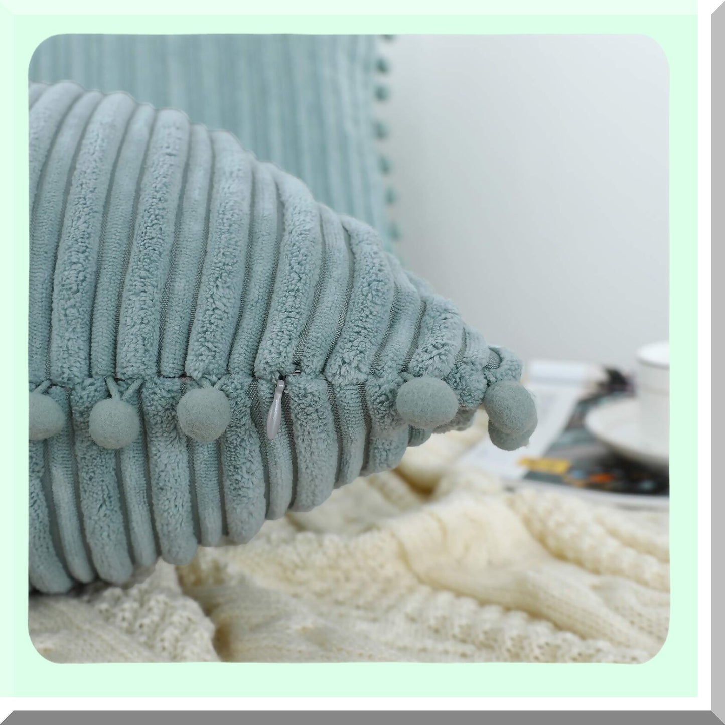 Pom-Pom Corduroy Farmhouse Pillow Covers - Set of 2 Grey Blue 18x18 inch - Boho Accent Decorative Throw Covers for Couch Bed Sofa