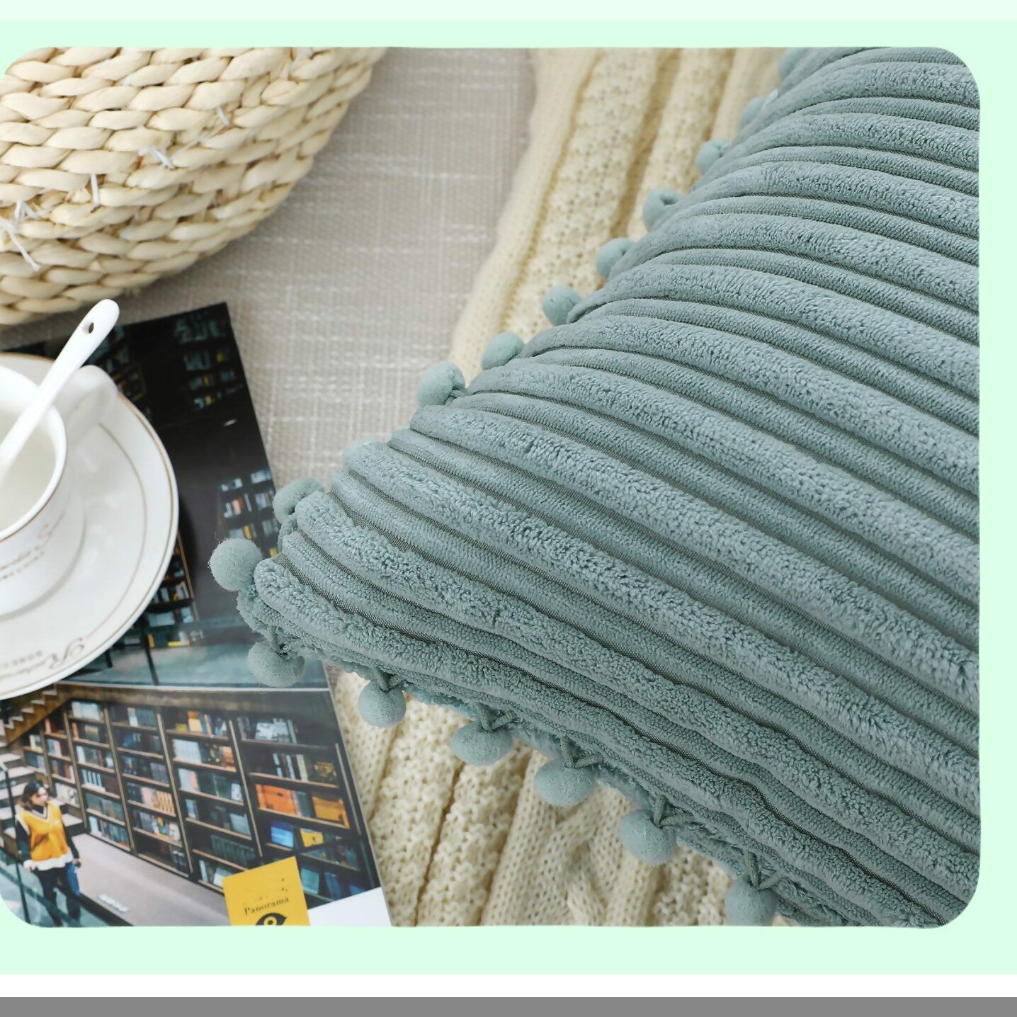 Pom-Pom Corduroy Farmhouse Pillow Covers - Set of 2 Grey Blue 18x18 inch - Boho Accent Decorative Throw Covers for Couch Bed Sofa