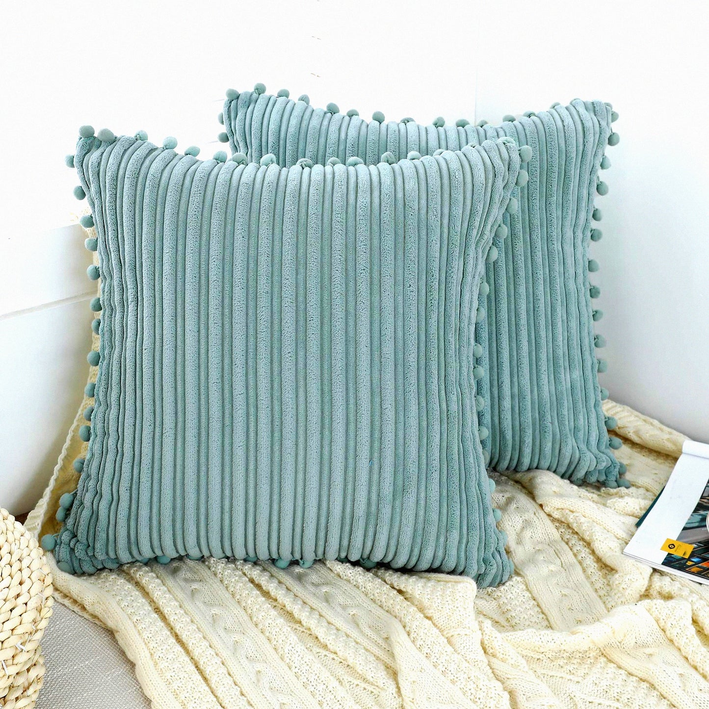 Pom-Pom Corduroy Farmhouse Pillow Covers - Set of 2 Grey Blue 18x18 inch - Boho Accent Decorative Throw Covers for Couch Bed Sofa