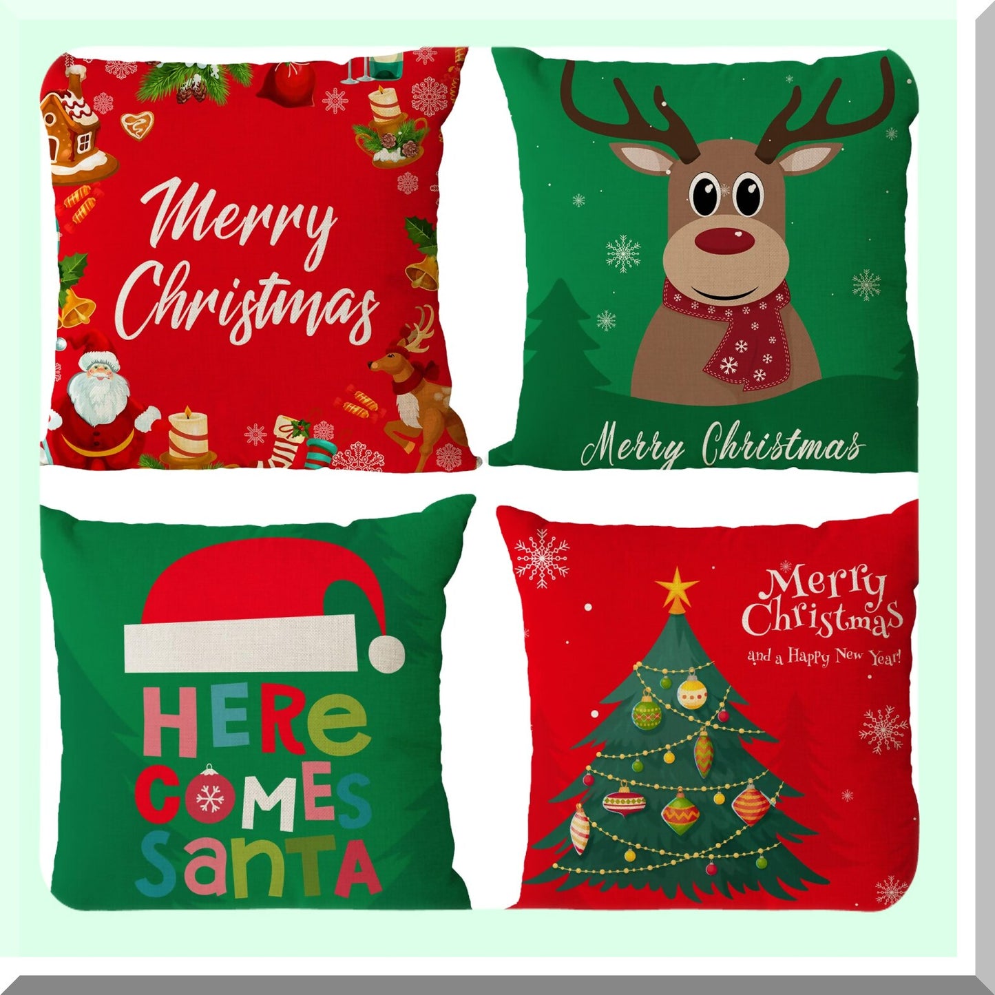 Merry Tree Holiday Pillow Covers - Set of 4 Red Green Xmas Throw Pillow Cases 18x18 Inch for Outdoor Couch Sofa Cushions