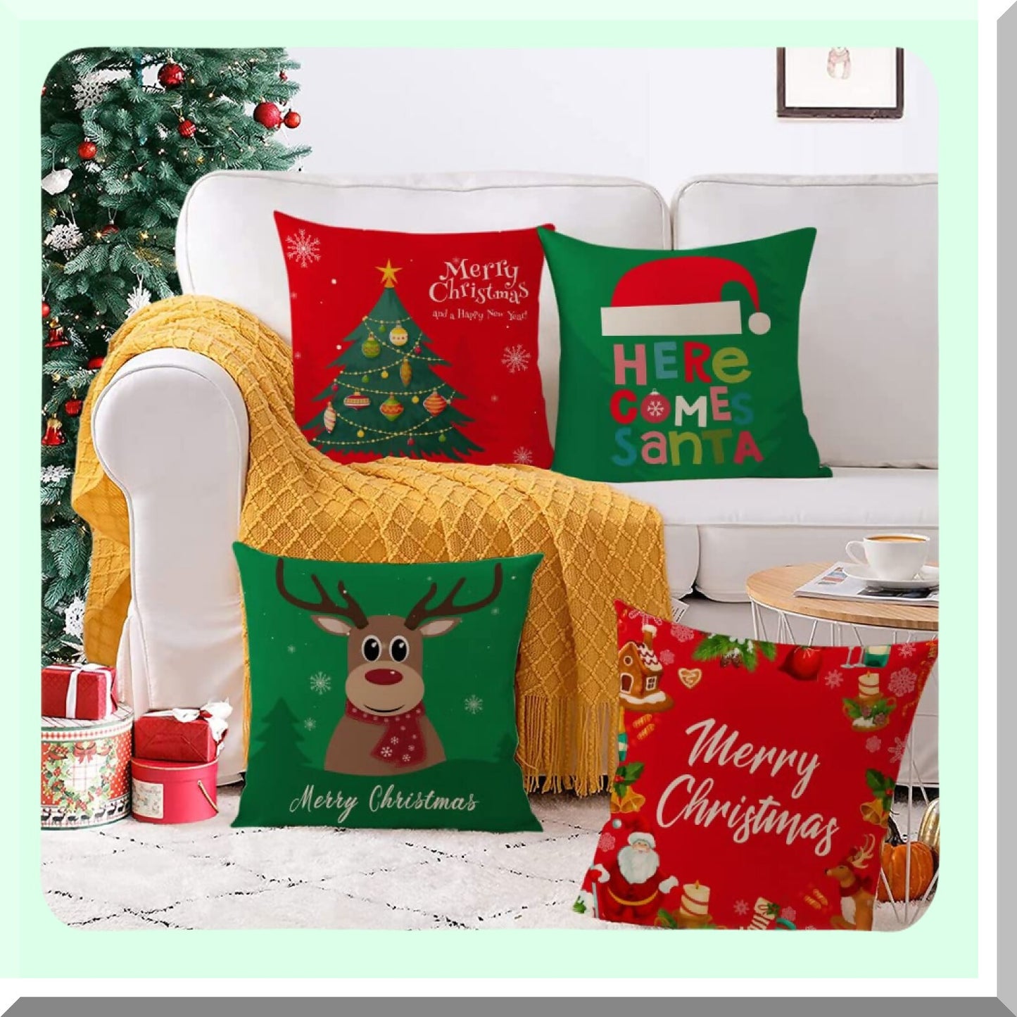 Merry Tree Holiday Pillow Covers - Set of 4 Red Green Xmas Throw Pillow Cases 18x18 Inch for Outdoor Couch Sofa Cushions