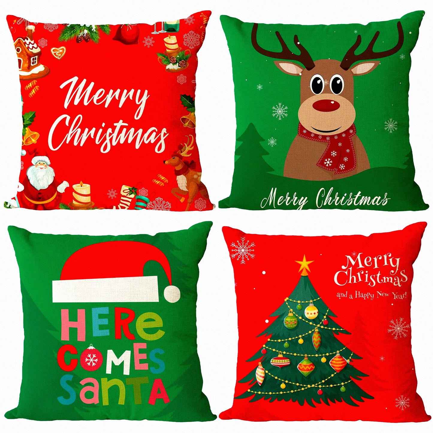 Merry Tree Holiday Pillow Covers - Set of 4 Red Green Xmas Throw Pillow Cases 18x18 Inch for Outdoor Couch Sofa Cushions