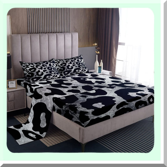 Grunge Safari Queen Sheet Set - Gray Leopard Print Bedding with Tie Dye Accents - Luxury 4 Piece Animal Print Fitted and Flat Sheet Set with 2 Pillow Cases