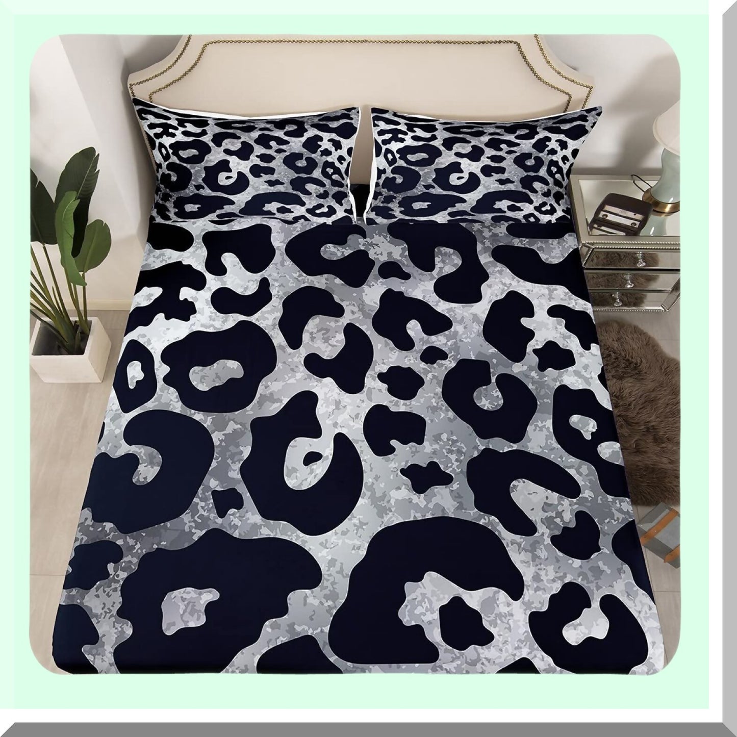 Grunge Safari Queen Sheet Set - Gray Leopard Print Bedding with Tie Dye Accents - Luxury 4 Piece Animal Print Fitted and Flat Sheet Set with 2 Pillow Cases