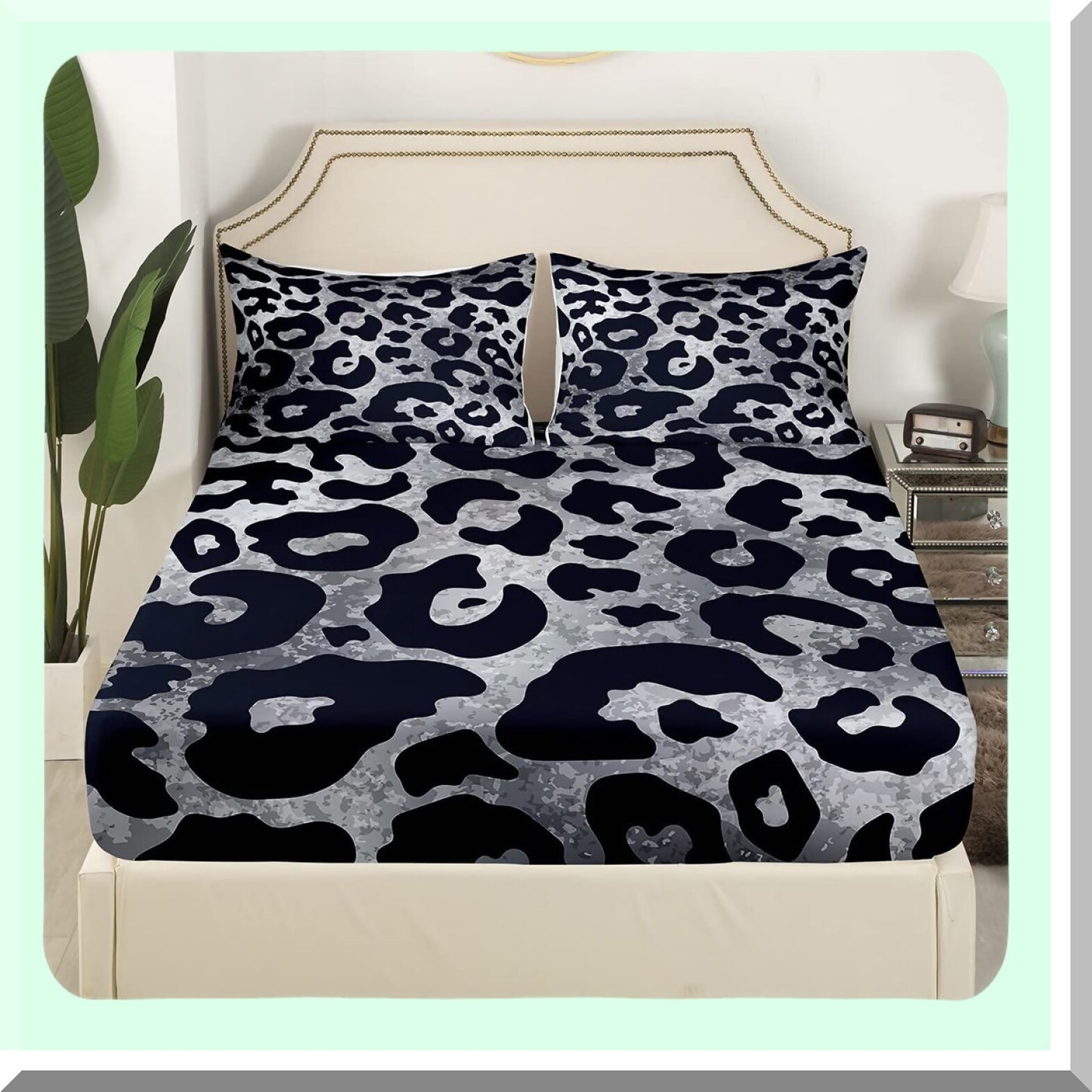 Grunge Safari Queen Sheet Set - Gray Leopard Print Bedding with Tie Dye Accents - Luxury 4 Piece Animal Print Fitted and Flat Sheet Set with 2 Pillow Cases
