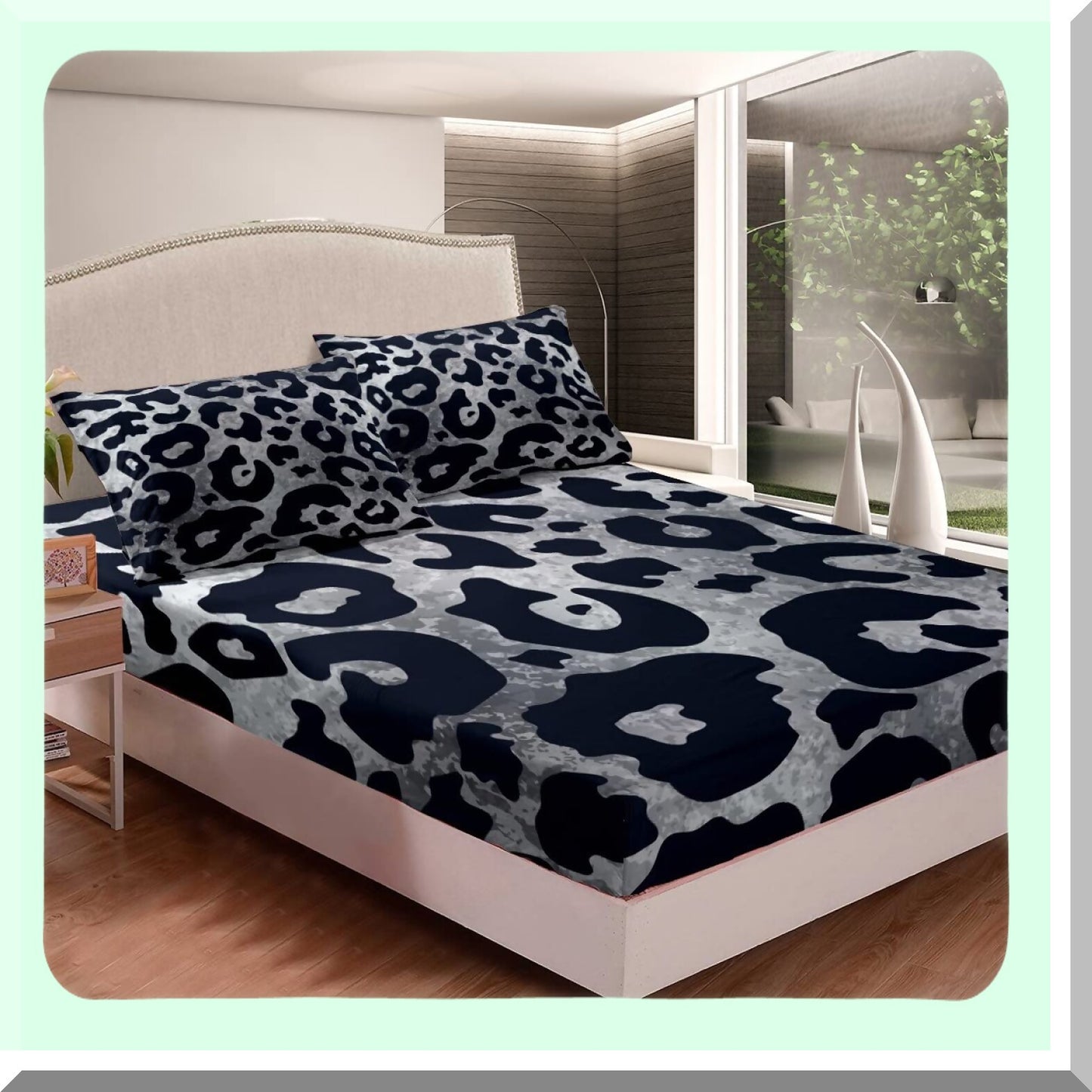 Grunge Safari Queen Sheet Set - Gray Leopard Print Bedding with Tie Dye Accents - Luxury 4 Piece Animal Print Fitted and Flat Sheet Set with 2 Pillow Cases