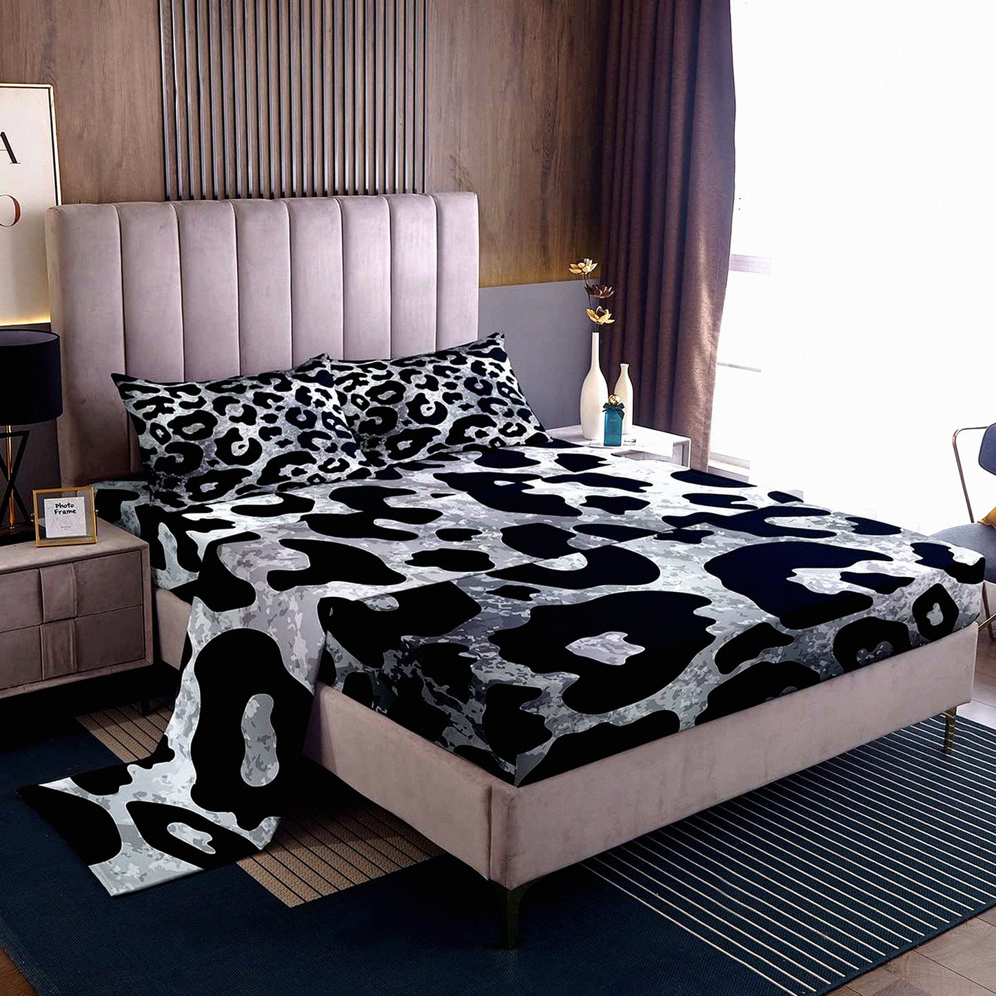 Grunge Safari Queen Sheet Set - Gray Leopard Print Bedding with Tie Dye Accents - Luxury 4 Piece Animal Print Fitted and Flat Sheet Set with 2 Pillow Cases