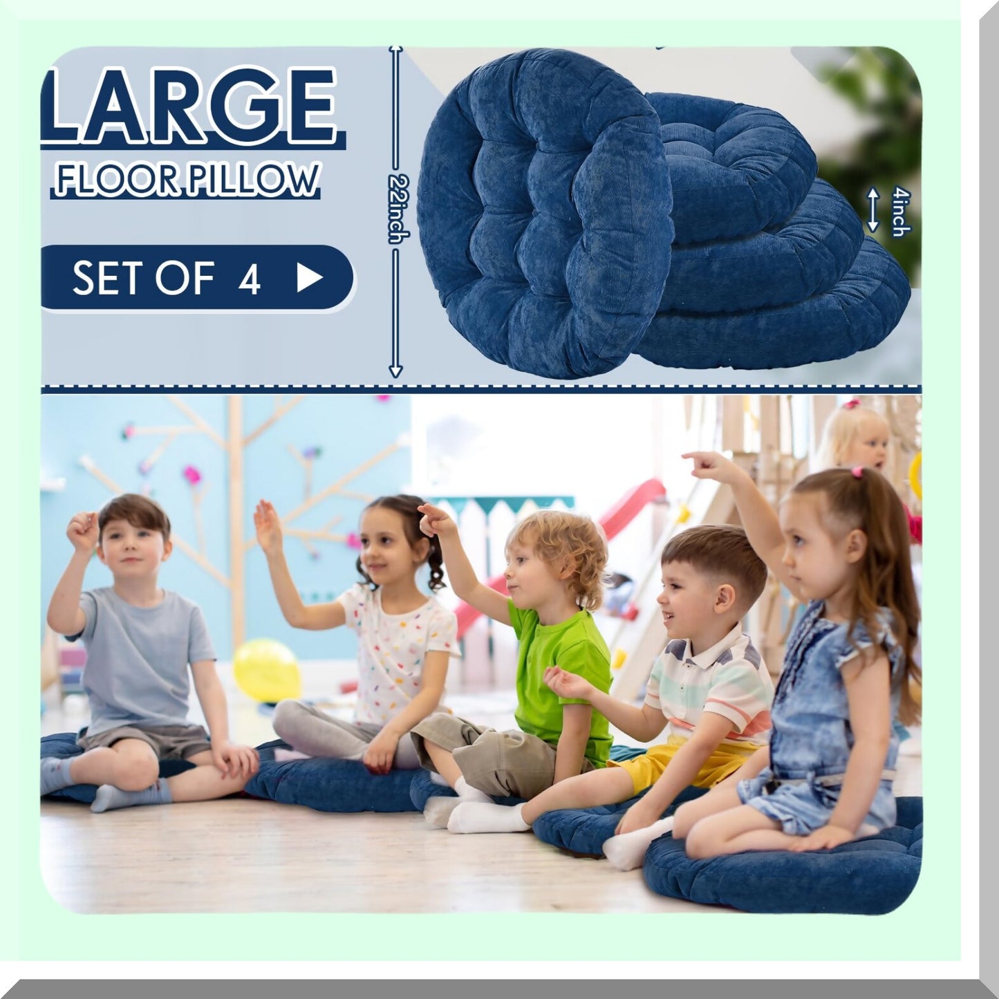 Navy Blue Meditation Floor Cushions Set - 4 Pcs Round Large Pillows for Adults & Kids, 22 x 22 Inch Floor Seating Cushions, Gift for Mindfulness