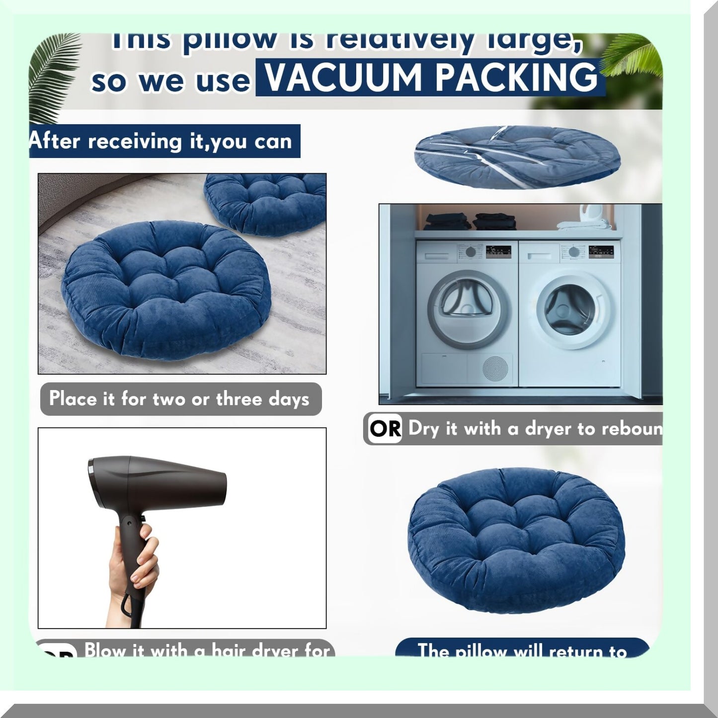 Navy Blue Meditation Floor Cushions Set - 4 Pcs Round Large Pillows for Adults & Kids, 22 x 22 Inch Floor Seating Cushions, Gift for Mindfulness