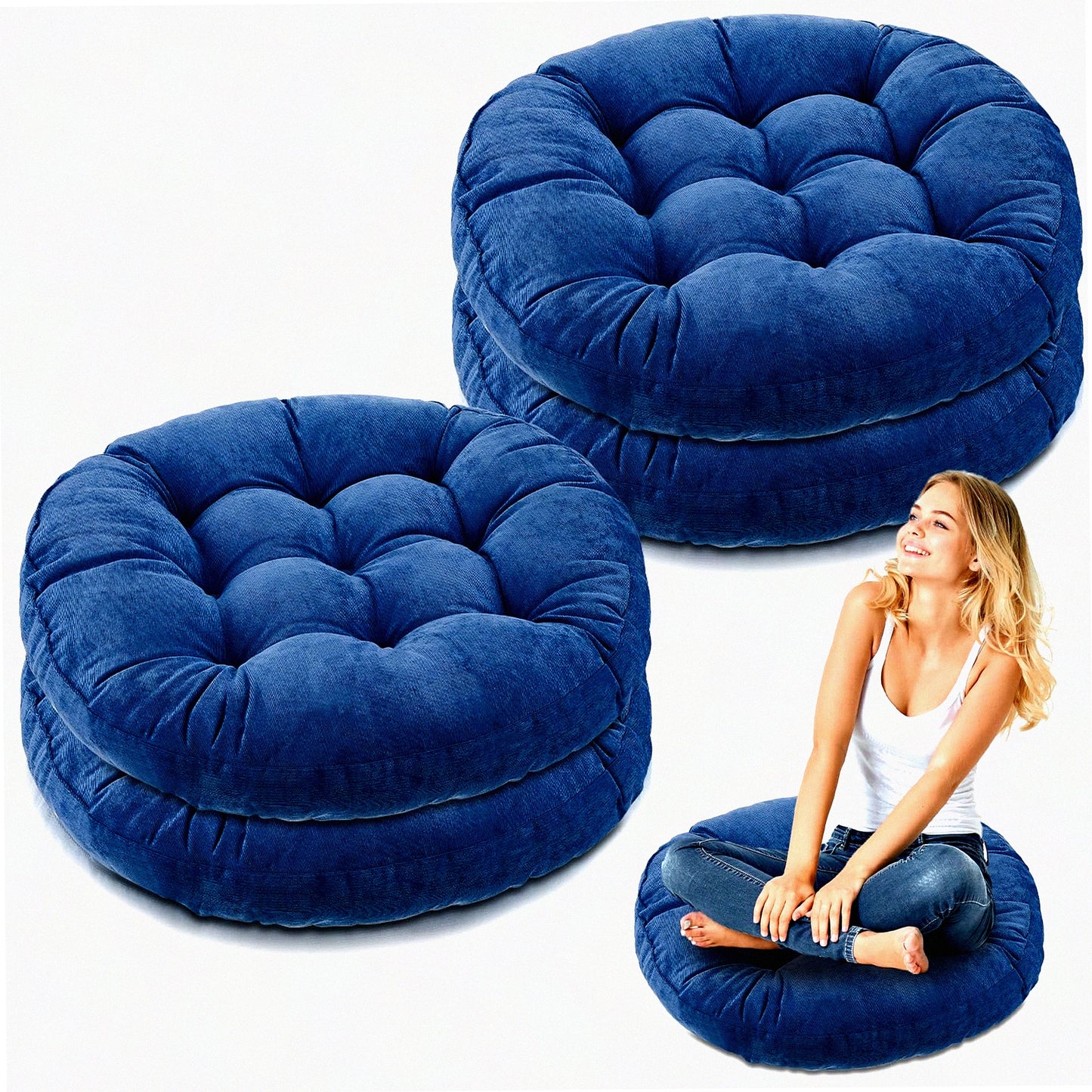 Navy Blue Meditation Floor Cushions Set - 4 Pcs Round Large Pillows for Adults & Kids, 22 x 22 Inch Floor Seating Cushions, Gift for Mindfulness