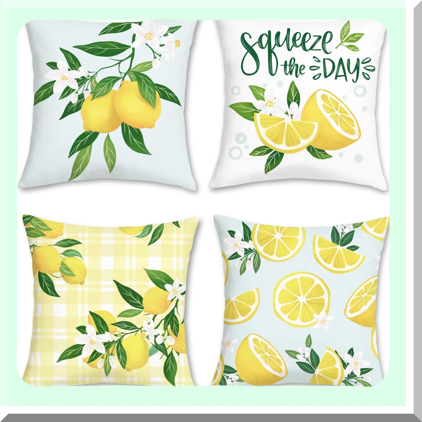 Summer Lemon Velvet Pillow Covers - Set of 4 Farmhouse Decorative Cushion Cases for Couch, Sofa, Patio & Garden Home Decor - 18 x 18 Inch Soft Fruit Theme
