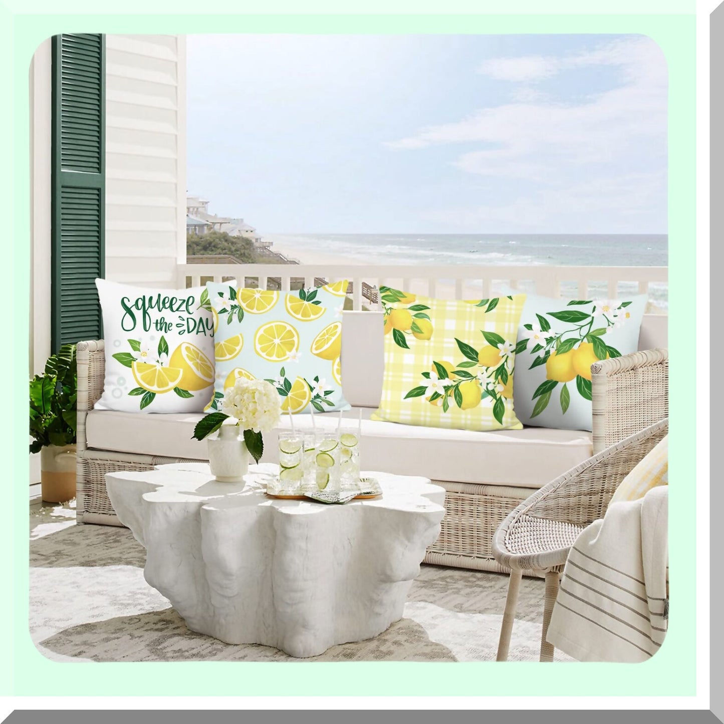 Summer Lemon Velvet Pillow Covers - Set of 4 Farmhouse Decorative Cushion Cases for Couch, Sofa, Patio & Garden Home Decor - 18 x 18 Inch Soft Fruit Theme