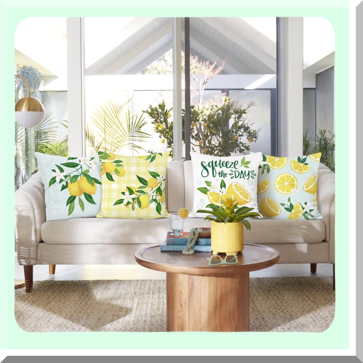 Summer Lemon Velvet Pillow Covers - Set of 4 Farmhouse Decorative Cushion Cases for Couch, Sofa, Patio & Garden Home Decor - 18 x 18 Inch Soft Fruit Theme